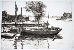 Willem Witjens - grote heldere ets - verstilde scene met vissersboten - 1929 verkocht voor € 60!
