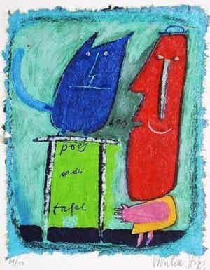 Wouter Stips - Kleurenzeefdruk DAG POES OP DE TAFEL Handgesigneerd. verkocht voor € 125!