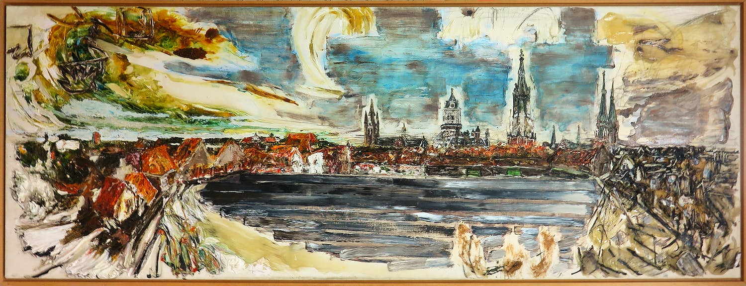 Aart Houtman - Acryl op doek, Stadsgezicht- Ingelijst (Zeer groot) verkocht voor € 300!