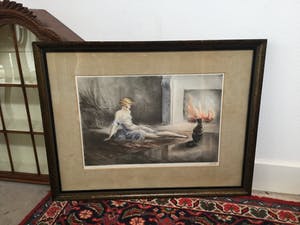 Alfred Renaudin - C3914-2, Vrouw met poes bij de haard kopen? Bied vanaf 30!