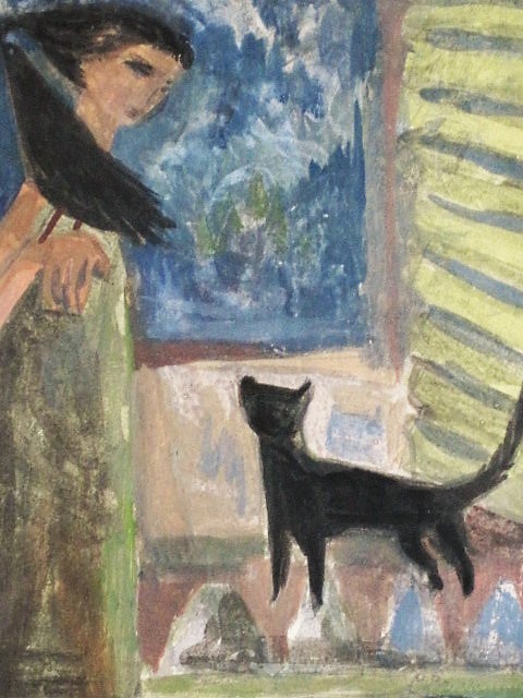 Carla Daalderop Bruggeman - Bijzonder kubistisch Aquarel "Vrouw zwarte kat en Kraai" gesigneerd  verkocht voor € 1!