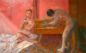 Wim Moerenhout - Olieverf op doek, Luisteren naar muziek - Ingelijst (Groot) kopen? Bied vanaf 1!