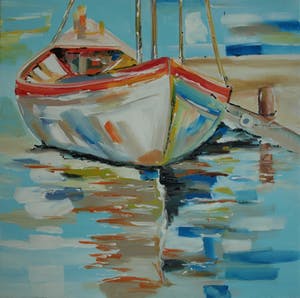 Niet of onleesbaar gesigneerd - Acrylverf op doek, Bootje in de haven kopen? Bied vanaf 10!