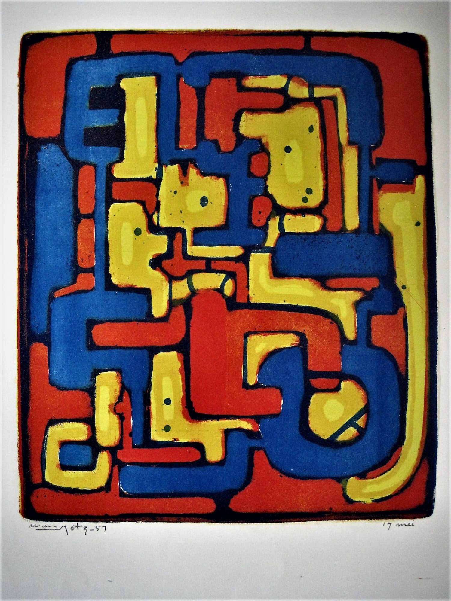 Wim Motz - Bijzondere 1957 geometrische kleuren Lithografie "Labyrinth" handgesigneerd verkocht voor € 37!