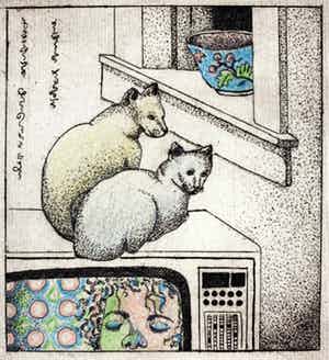 Carla Kleekamp - ets - 'Twee poezen' - eigen druk 1980 verkocht voor € 50!