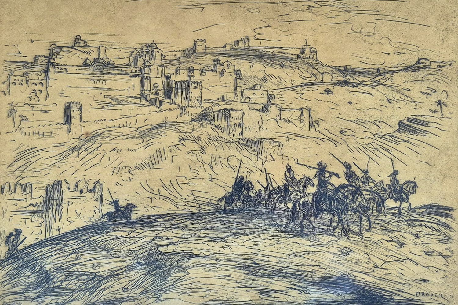 Marius Bauer - ets - Ruiters op heuvel, gesigneerd r.o. kopen? Bied vanaf 149!