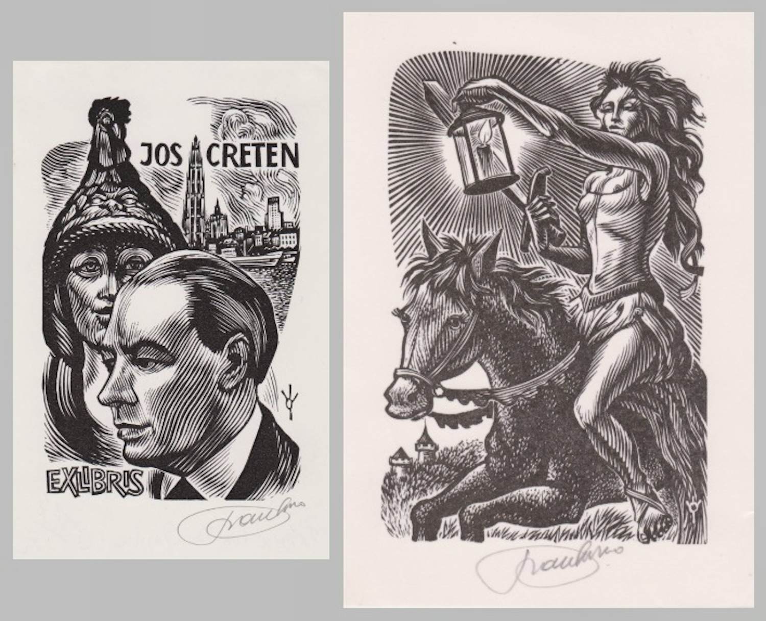 AcheterIvo Damme - Twee handgesigneerde houtsnedes: Jos Creten, Vrouw te paard? Enchérissez de 25!