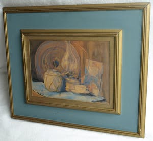 Frits Hes - Ingelijste aquarel , Stilleven met spiegel en olielamp – ca. 1950 kopen? Bied vanaf 50!