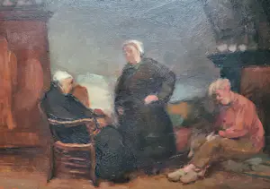 Maurice Mareels - Boereninterieur met 3 figuren Olieverf Lage startprijs! kopen? Bied vanaf 99!