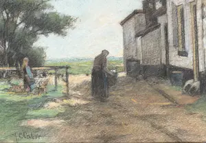 Johannes Cornelis Pabst - 1853-1944. Boerderij met boerin en kind pastel kopen? Bied vanaf 225!