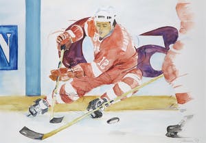 Gemma Vermeulen - Aquarel, IJshockeyer - Ingelijst kopen? Bied vanaf 1!