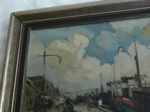 Niet of onleesbaar gesigneerd - Olieverf op doek , Aan de kade - ingelijst kopen? Bied vanaf 1!