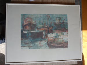 Jan Velthuis - Kleurenhoutsnede – Havengezicht - Ingelijst - 66 x 51 cm kopen? Bied vanaf 35!