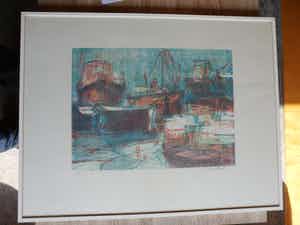 Jan Velthuis - Kleurenhoutsnede – Havengezicht - Ingelijst - 66 x 51 cm verkocht voor € 35!
