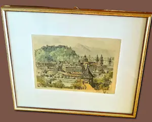 Buy Hans Figura - Farbradierung auf Seide "Salzburg" im Rahmen (27 x 30 cm) sehr guter Zustand? Bid from 70!