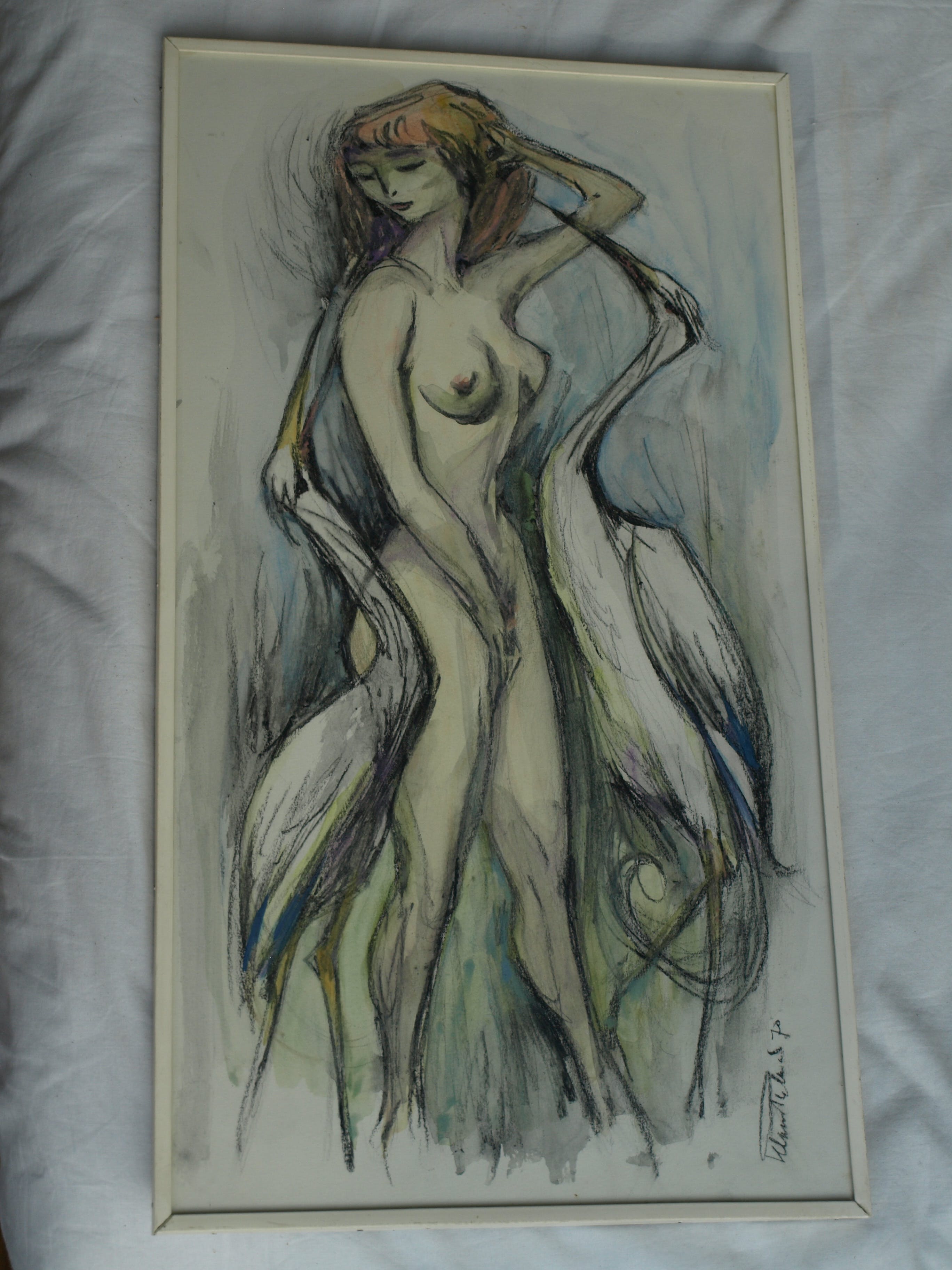 Klaas Pijlman - 2 Reigers met vrouw – pastel & aquarel – gesigneerd & ingelijst – 1970 kopen? Bied vanaf 35!