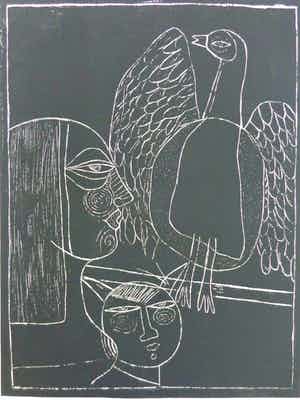 Corneille - FEMME ET FAUNE FAMILIERE / ZW-W ETS / 76x56cm / SIG 1978 verkocht voor € 175!