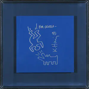 Keith Haring - Tekening in zilveren stift in plexiglazen case, Opgedragen aan George Mulder kopen? Bied vanaf 4200!