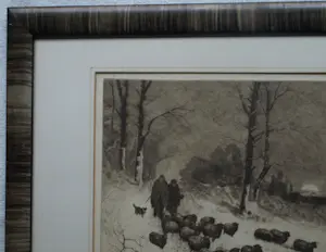 Sal Meijer - Ingelijste ets , Winterse wandeling met schapen in Laren (NH) kopen? Bied vanaf 60!