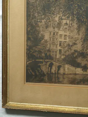 Willem Gerard Hofker - Ingelijste ets , Stadsgezicht Amsterdam - 1928 kopen? Bied vanaf 50!