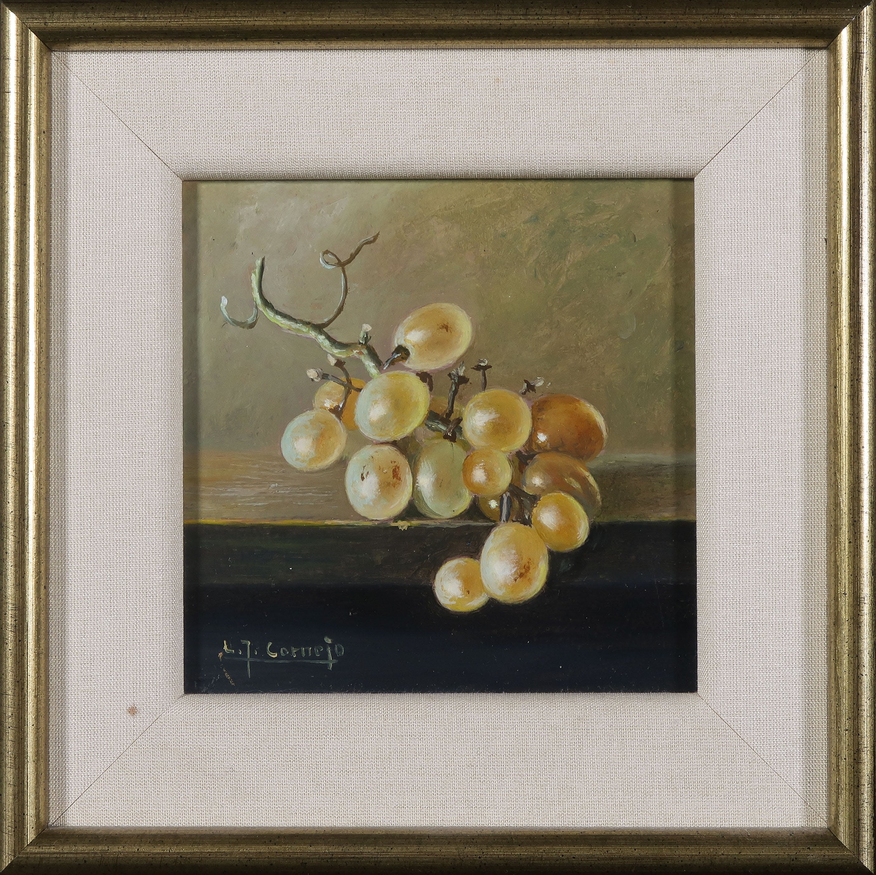 L. Javier Cornejo - Olieverf op hardboard, Stilleven met druiven - Ingelijst verkocht voor € 50!