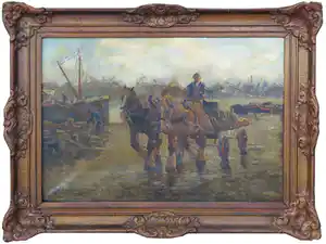 J. van Leeuwen - Olieverf op doek, Paardenkar in de haven - Ingelijst verkocht voor € 200!