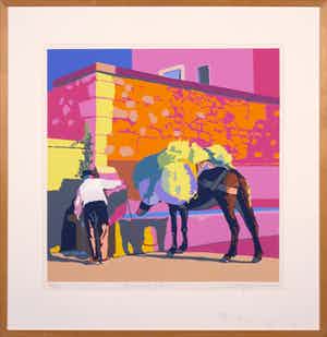 Marco Kooiman - Zeefdruk, Man and mule at fountain - Ingelijst verkocht voor € 50!