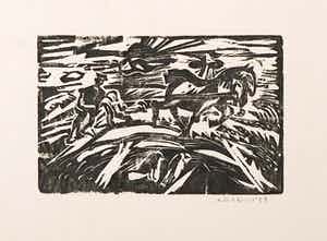 Abe Kuipers - Houtsnede, Man met twee paarden - Ingelijst verkocht voor € 35!