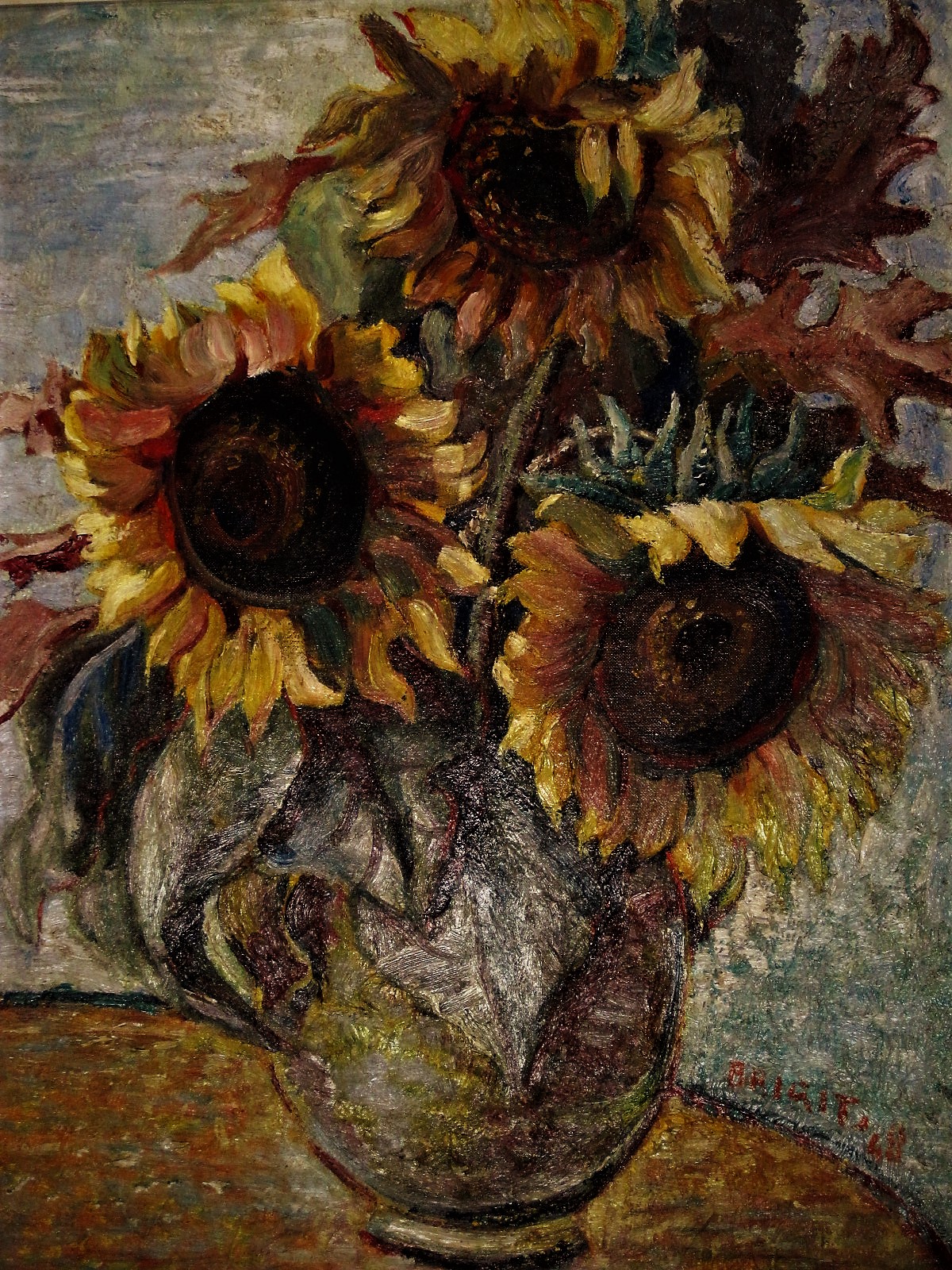 Niet of onleesbaar gesigneerd - Fraai 1948 Expressionist. olieverf "Zonnebloemen in vaas" gesigneerd kopen? Bied vanaf 1!