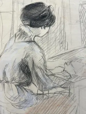 Leo Gestel - De vrouw van de kunstenaar aan het tekenen - met atelierstempel kopen? Bied vanaf 240!