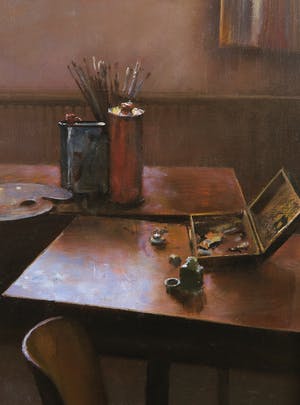 Gerard Huysman - Olieverf op paneel van het atelier van de kunstenaar - Ingelijst kopen? Bied vanaf 600!