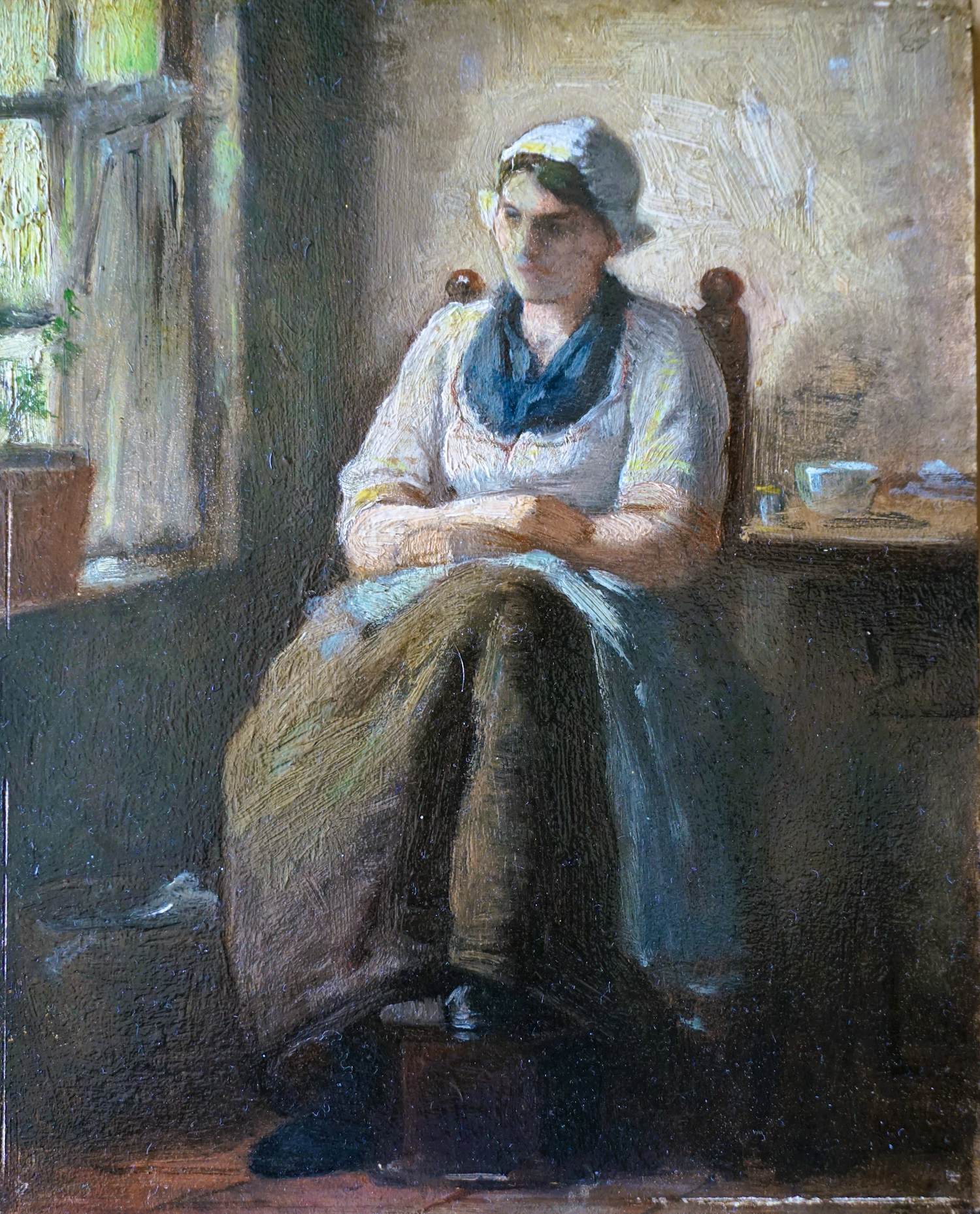 Henri Bource - Zeeuwse vissers vrouw in interieur. verkocht voor € 110!