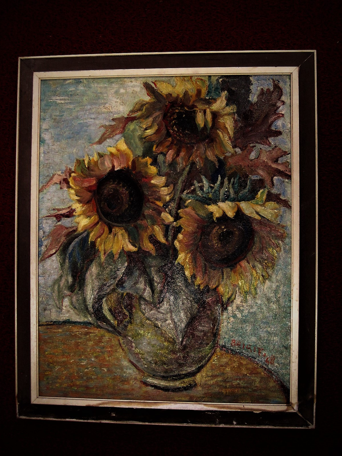 Niet of onleesbaar gesigneerd - Fraai 1948 Expressionist. olieverf "Zonnebloemen in vaas" gesigneerd kopen? Bied vanaf 1!
