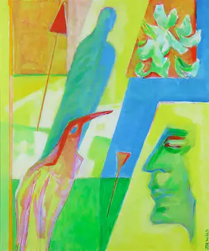 Joe Wols - Olieverf op papier, Figuren en vogel in geel - Ingelijst kopen? Bied vanaf 1!