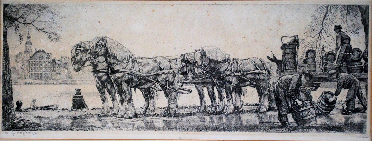 Willem Gerard Hofker - Bierwagen Amstel Brouwerij - grote ingelijste ets verkocht voor € 75!
