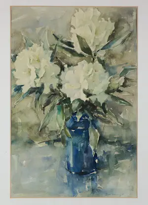 Jopie Limburg - Aquarel, Witte bloemen in blauwe kan - Ingelijst kopen? Bied vanaf 50!