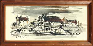 Jan Rijlaarsdam - Inkttekening en aquarel, Stadsgezicht - Ingelijst verkocht voor € 1!