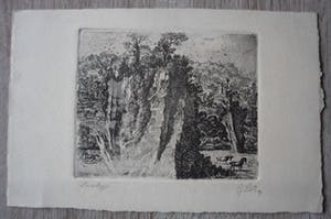 Gerard Lutz - Ets , landschap met paarden. kopen? Bied vanaf 45!