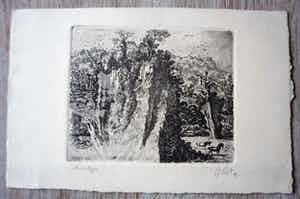 Gerard Lutz - Ets , landschap met paarden. verkocht voor € 45!