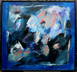 Charlotte Molenkamp - Olieverf op doek: compositie in blauw(zeer groot werk!) kopen? Bied vanaf 2250!