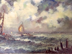 Willem Bos - Platbodems op woelige zee - Olieverf op Doek, Klassieke, grote lijs kopen? Bied vanaf 299!