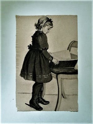 Niet of onleesbaar gesigneerd - Magnifieke rond 1900 gemaakte Houtskooltekening "Meisje leest boek" gesigneerd kopen? Bied vanaf 1!