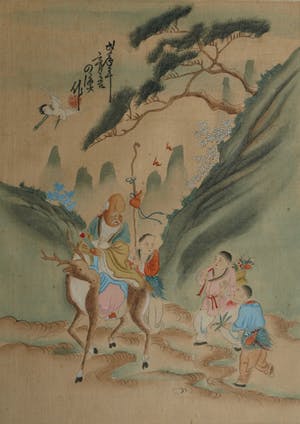 Niet of onleesbaar gesigneerd - Ingelijste gouache op zijde, Japan? China? , Figuren in berglandschap kopen? Bied vanaf 1!