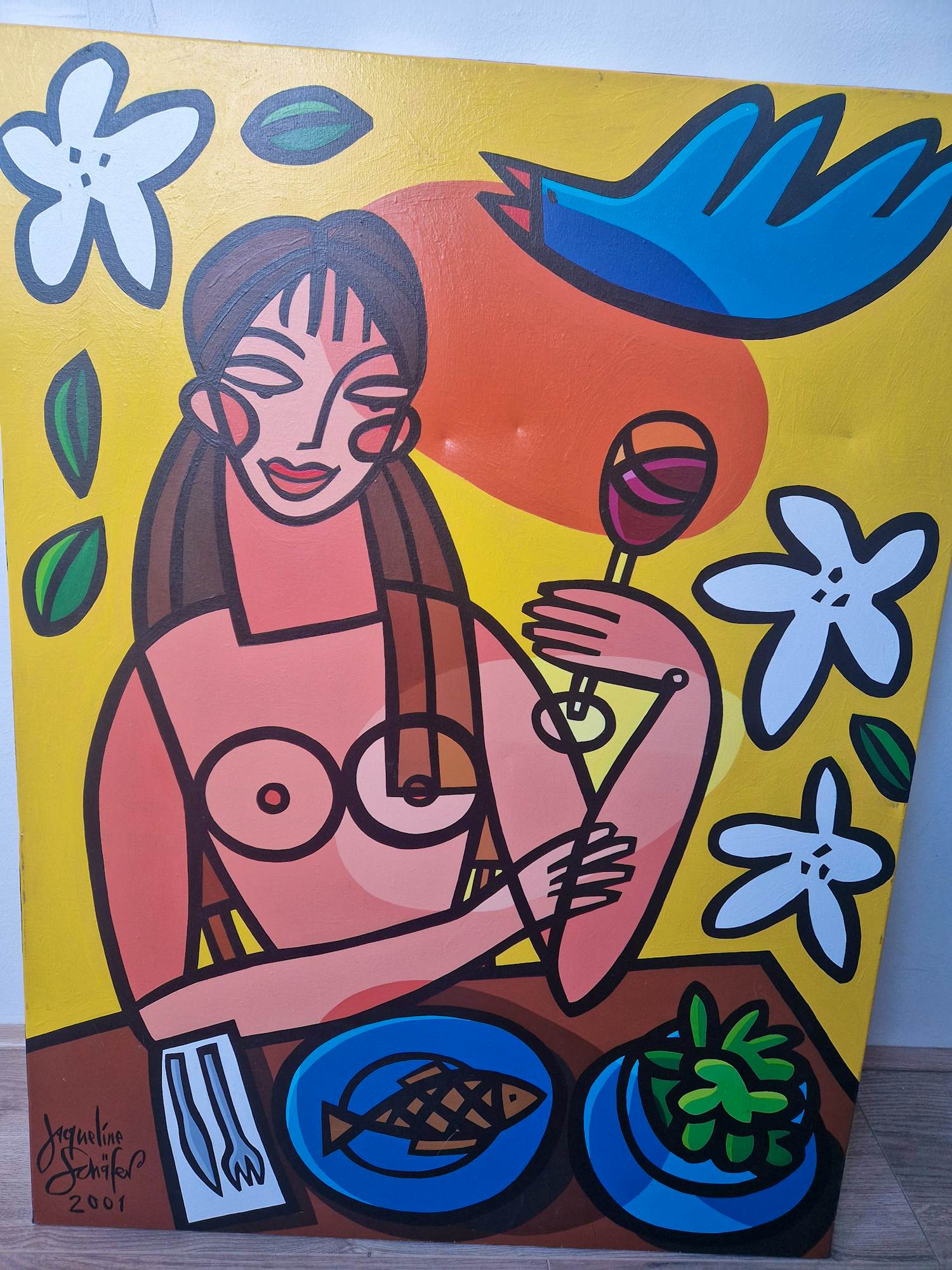 Jacqueline Schäfer - Vrouw aan tafel in geel kopen? Bied vanaf 300!