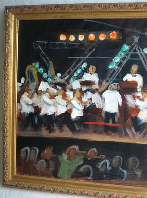 Niet of onleesbaar gesigneerd - Groot , ingelijst acrylverf op doek , Het concert – 1998 - 81 x 111 cm kopen? Bied vanaf 1!