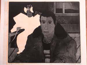 Sjoerd Bakker - Zelfportret met mandarijn - Kleurets verkocht voor € 50!