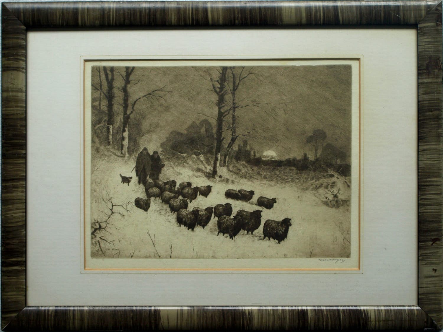 Sal Meijer - Ingelijste ets , Winterse wandeling met schapen in Laren (NH) verkocht voor € 60!