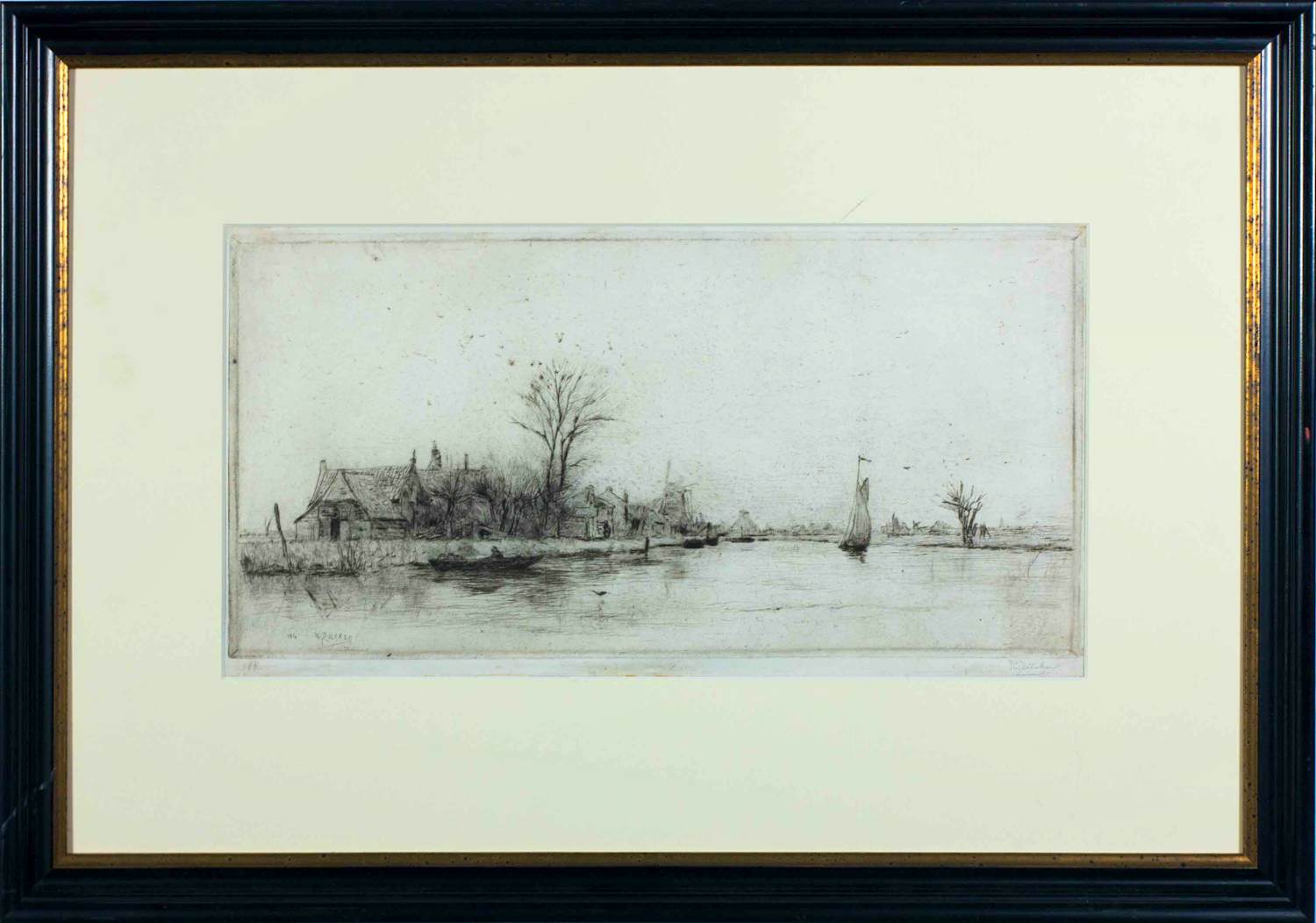 Philip Zilcken - Ets op dungeschept papier, Huizen langs het water - Ingelijst kopen? Bied vanaf 20!