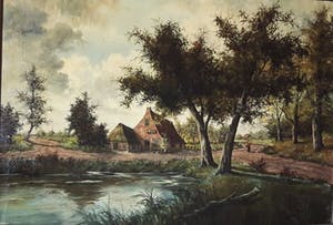 Niet of onleesbaar gesigneerd - Hollandse school. Boslandschap met boerderij kopen? Bied vanaf 1!