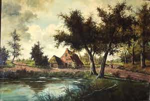 Niet of onleesbaar gesigneerd - Hollandse school. Boslandschap met boerderij verkocht voor € 1!